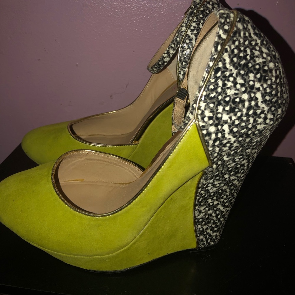Lime and snake print wedges